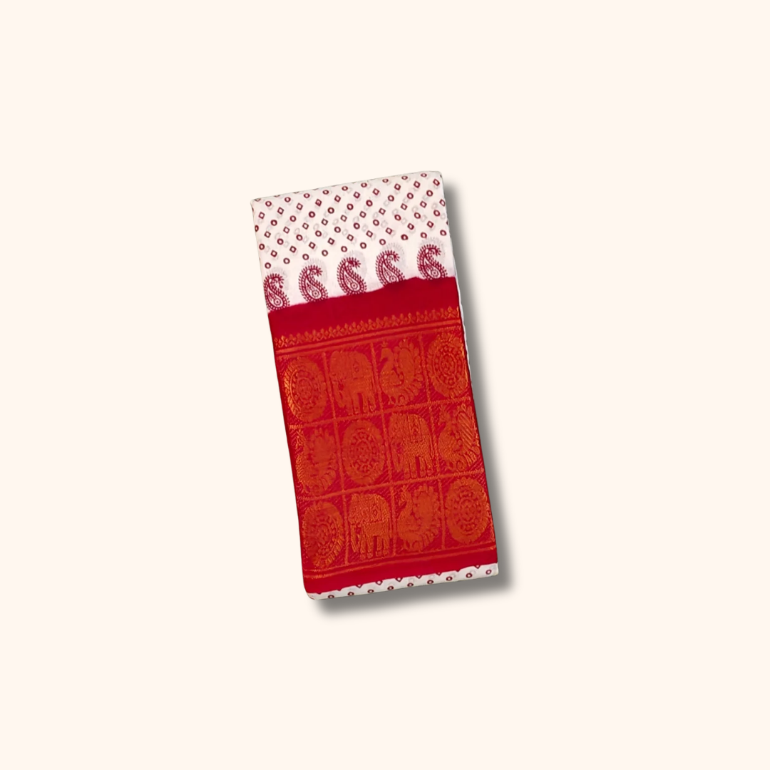 Off White Dot Print Cotton Saree with Red Elephant Zari Border