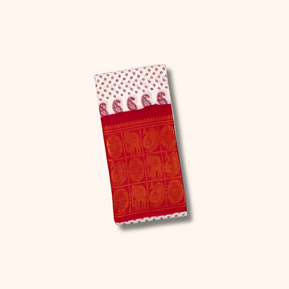 Off White Dot Print Cotton Saree with Red Elephant Zari Border