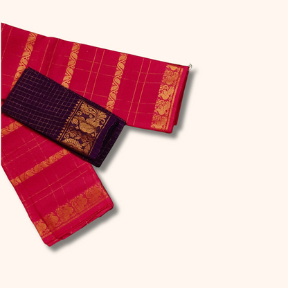 Rani Pink Pure Cotton Saree with Contrast Blouse Piece