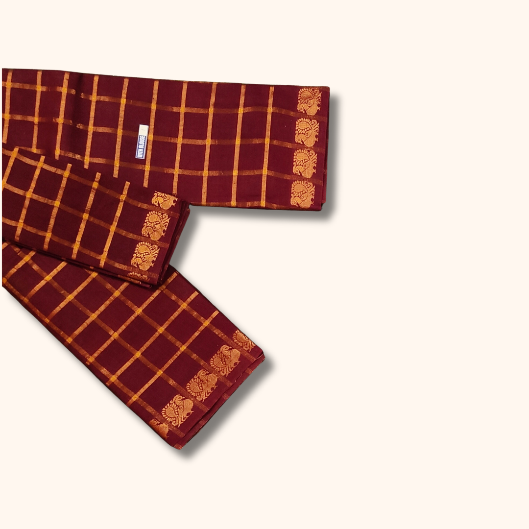 Maroon Gold Zari Pavithra Kattam Sungudi Cotton Saree