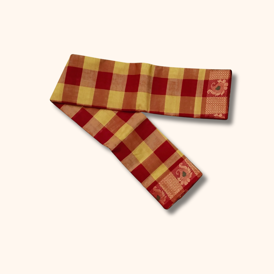 Traditional Checked Chettinad Cotton Saree in Red & Mustard with Peacock Border