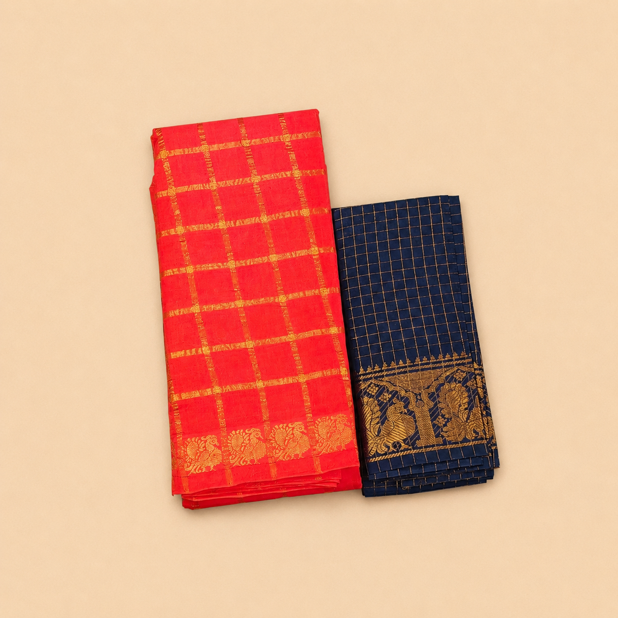 Bright Orange Pavithra Kattam Sungudi Saree with Contrast Navy Blue Blouse