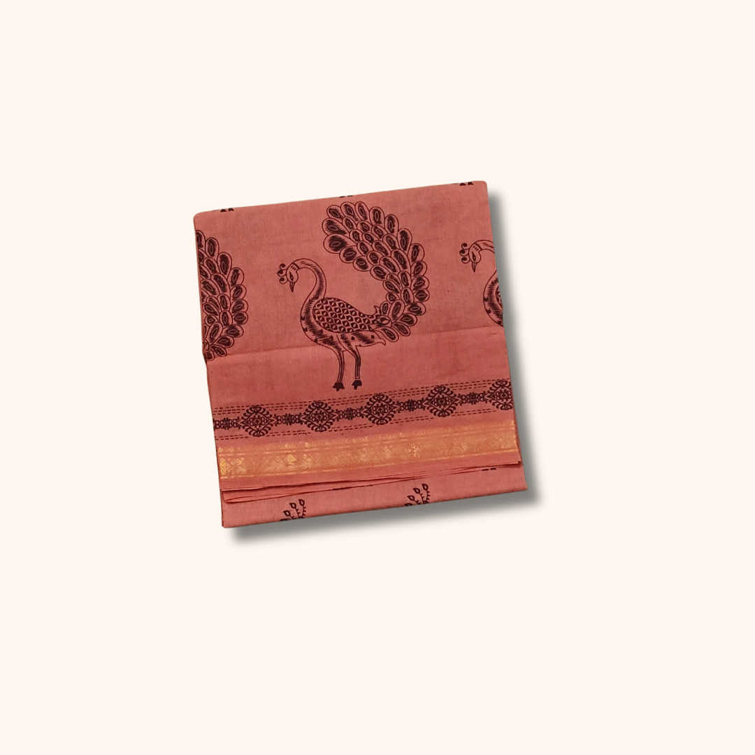 Rosewood Pink Cotton Saree with Peacock Print & Gold Zari Border