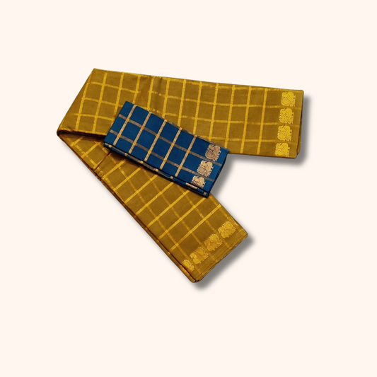 Pavithra Kattam Sungudi Cotton Saree – Mustard Gold with Gold Checks & Traditional Motif Border