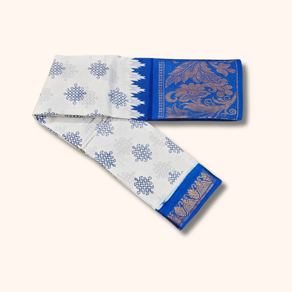 White & Royal Blue Printed Sungudi Cotton Saree with Traditional Zari Border