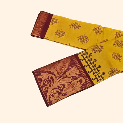 Mustard Yellow Kolam Cotton Saree with Maroon Floral Border