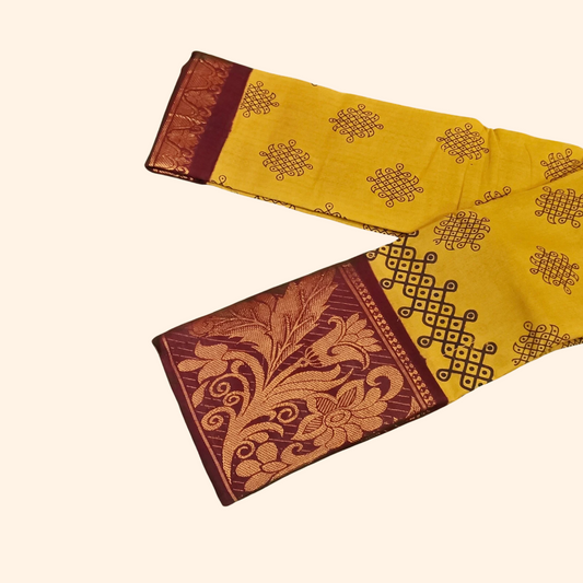 Mustard Yellow Kolam Cotton Saree with Maroon Floral Border