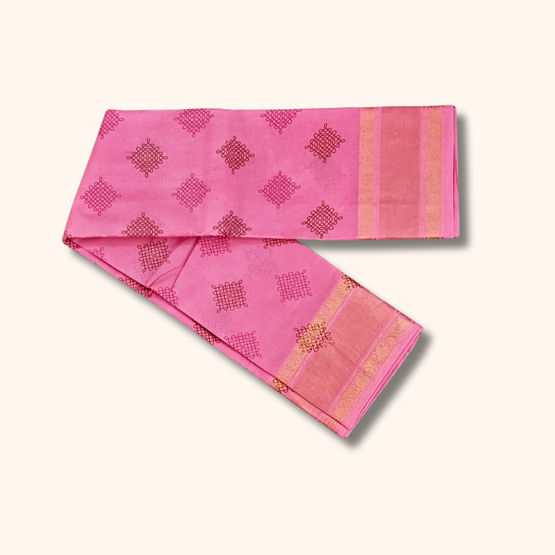 Rose Pink Sungudi Cotton Saree with Kolam Print & Gold Zari Border