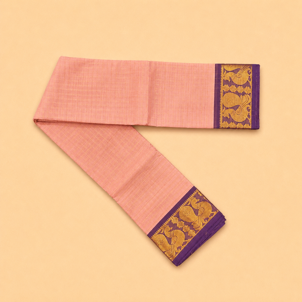 Baby Pink Chettinad Cotton Saree with Purple Peacock Border