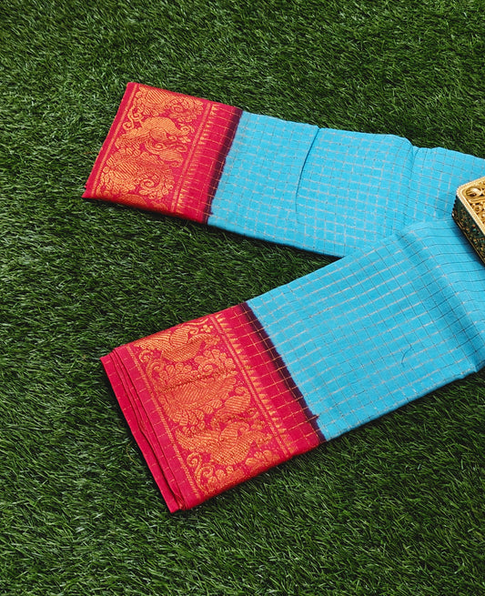 Sky Blue Checked Sungudi Cotton Saree with Peacock Zari Border
