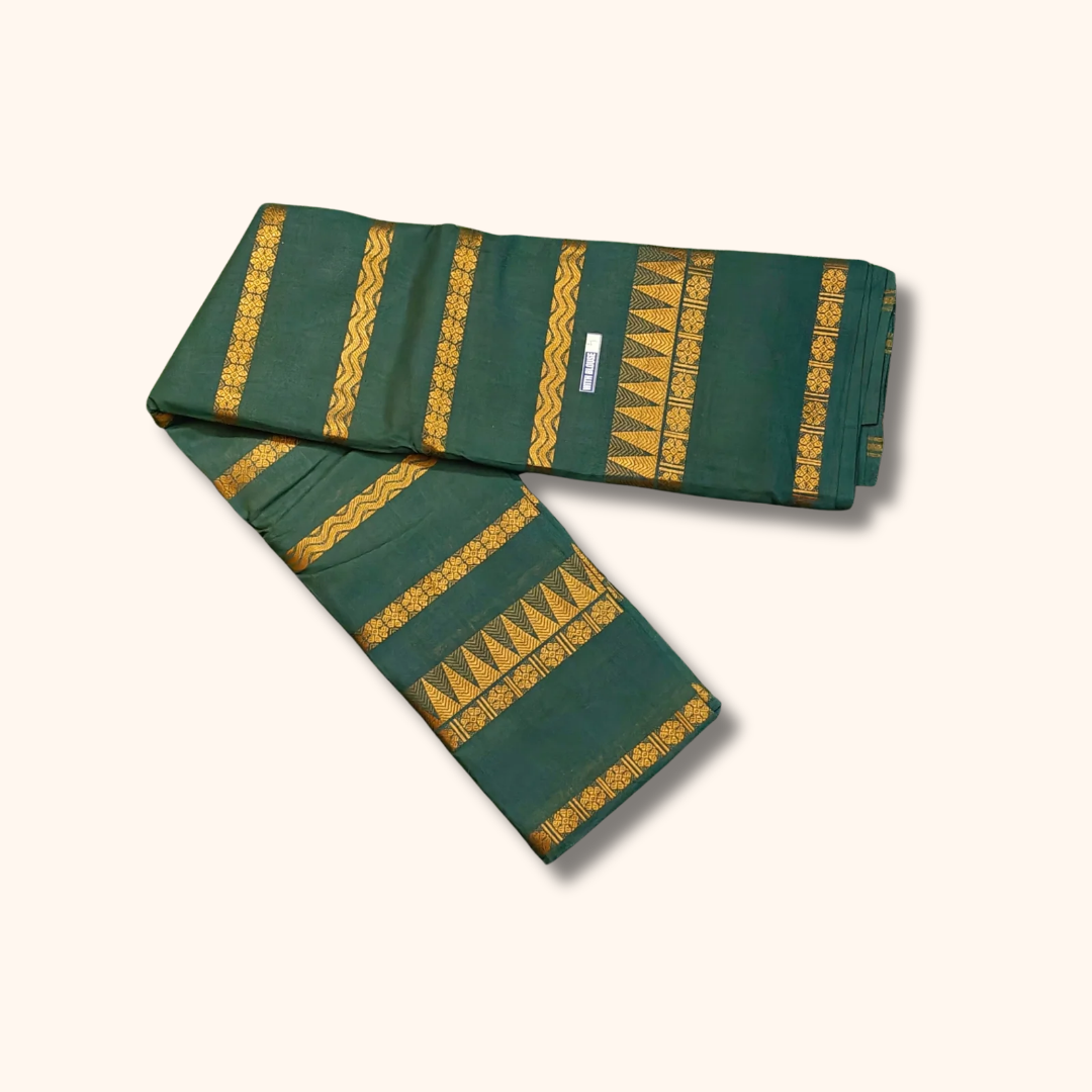 Dark Green Pure Sungudi Cotton Saree with Gold Zari Stripes & Traditional Border