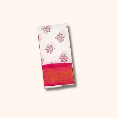 Off White Sungudi Cotton Saree with Rani Pink Peacock Border