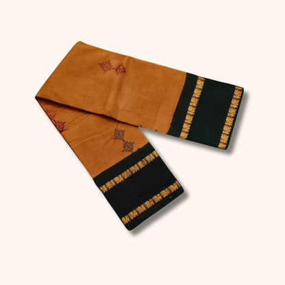 Mustard Brown Cotton Saree with Dark Green Border and Gold Motifs – Running Blouse