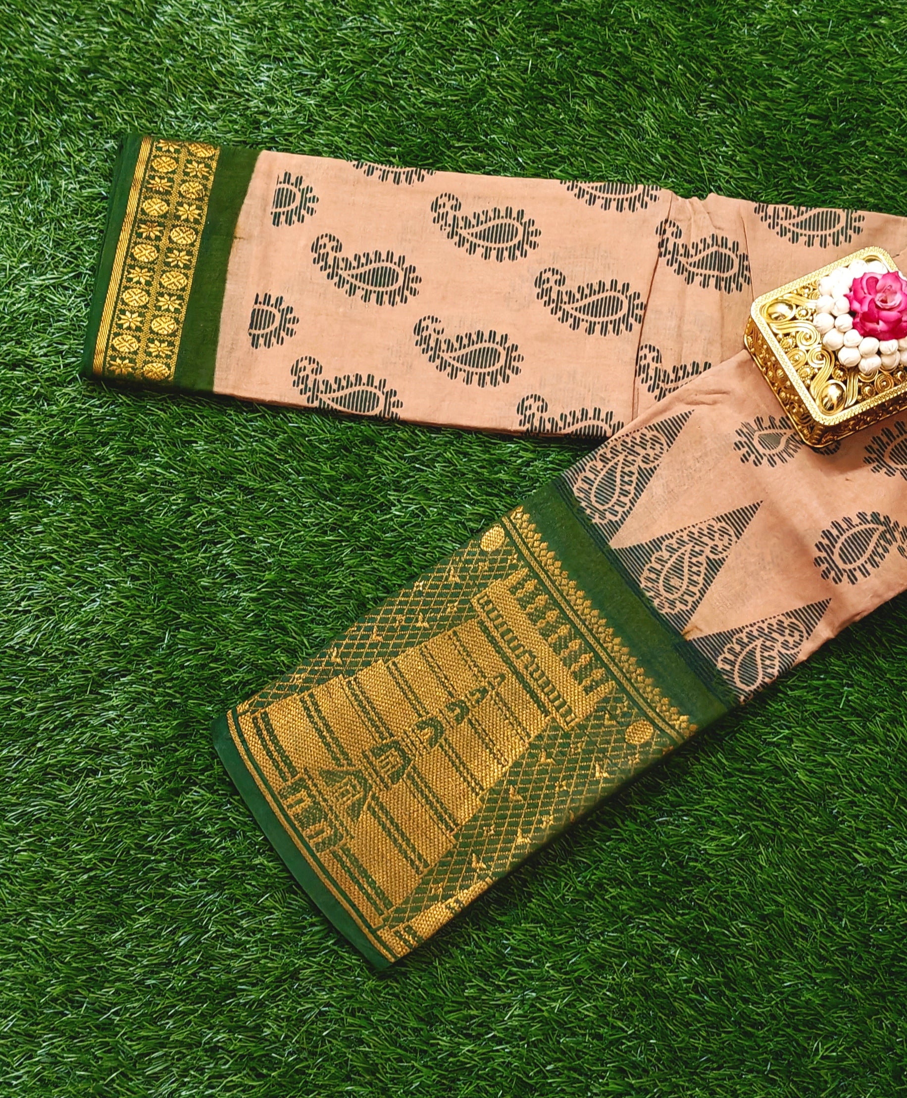 Authentic Peach Cotton Saree with Green Temple Border – Traditional Printed Design