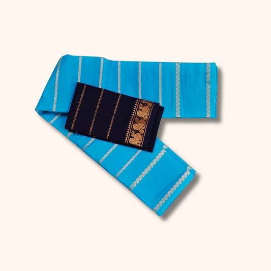 Sky Blue Sungudi Cotton Saree with Navy Blue Contrast Blouse