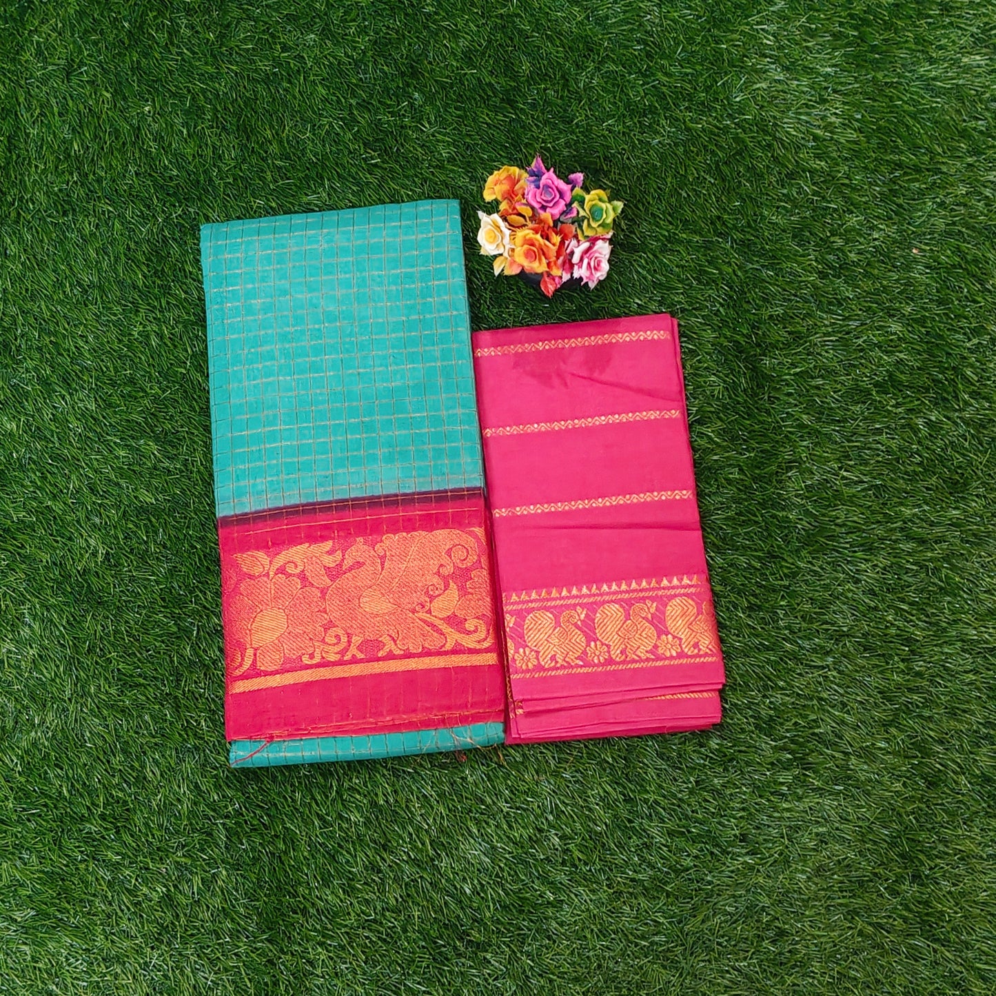Parrot Green Checked Sungudi Cotton Saree with Rich Pink Zari Border