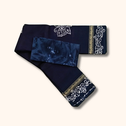 Navy Blue Batik Cotton Saree with Traditional Border