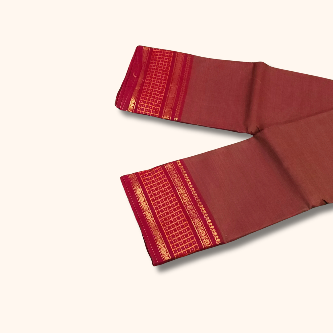 Rust Brown Chettinad Cotton Saree with Maroon Traditional Border