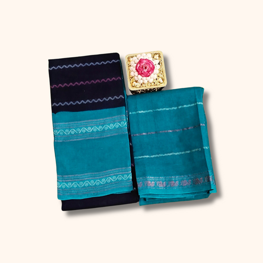 Black & Teal Sungudi Cotton Saree with Separate Blouse