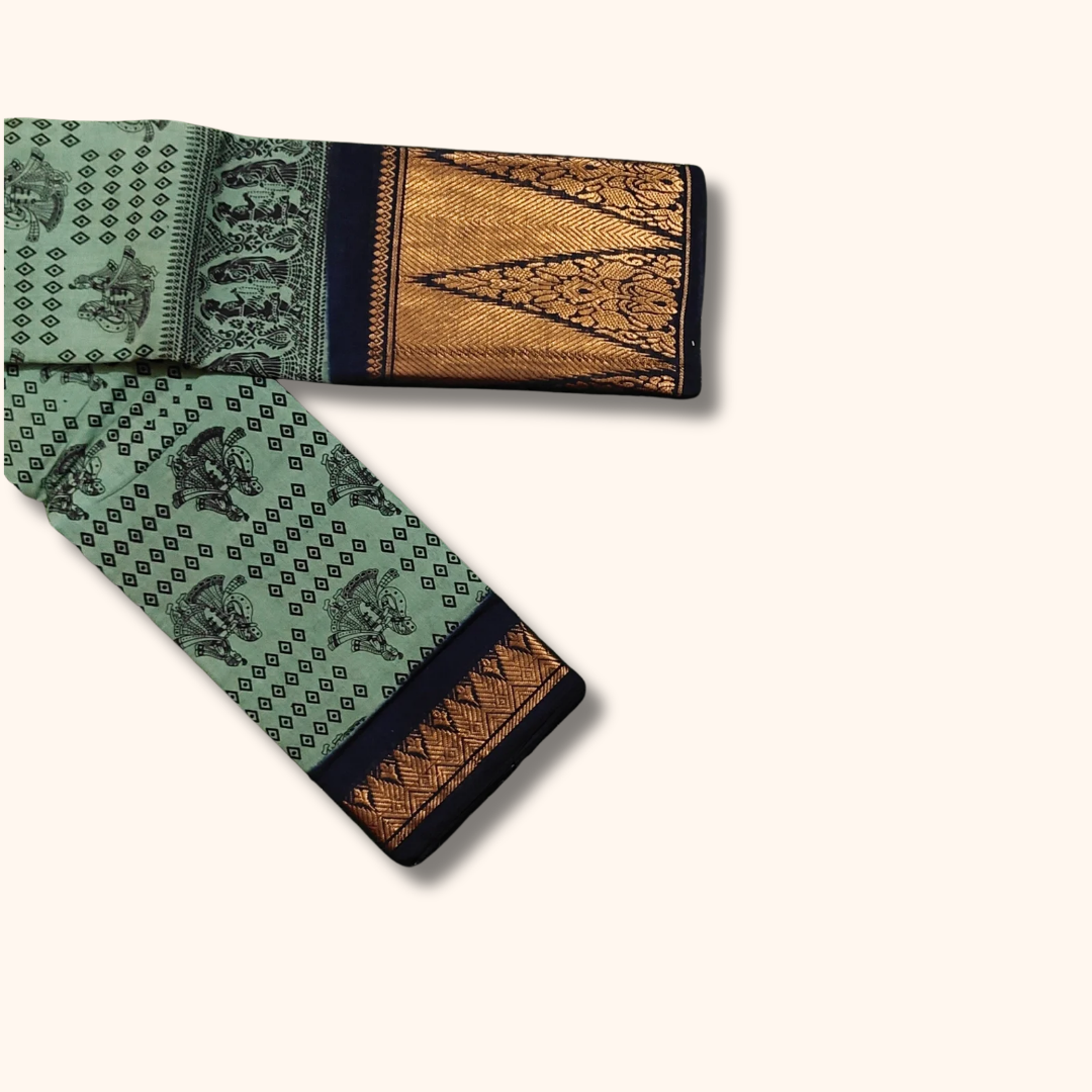 Sea Green Sungudi Cotton Saree with Traditional Motifs & Grand Temple Zari Border