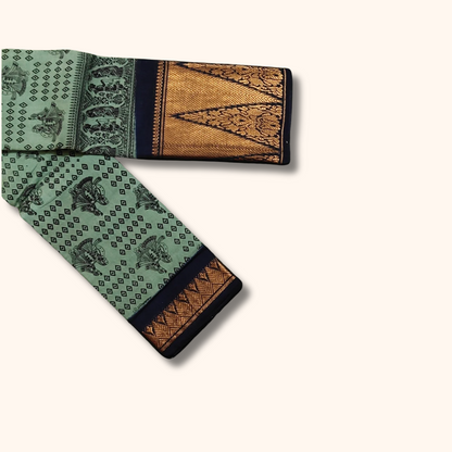 Sea Green Sungudi Cotton Saree with Traditional Motifs & Grand Temple Zari Border