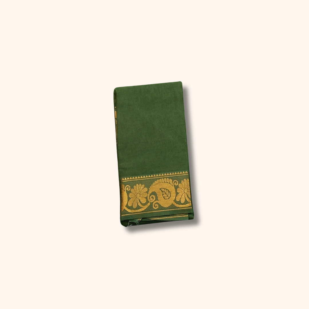 Bottle Green Pure Cotton Saree with Traditional Paisley & Floral Border – Running Blouse