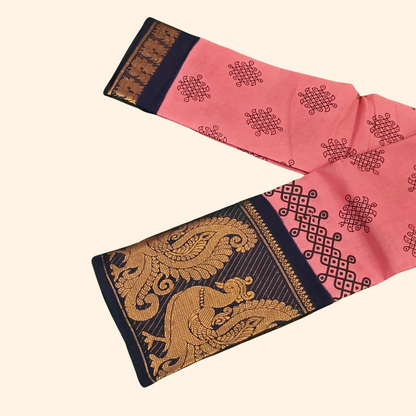Rose Pink Kolam Cotton Saree with Dark Blue Peacock Border