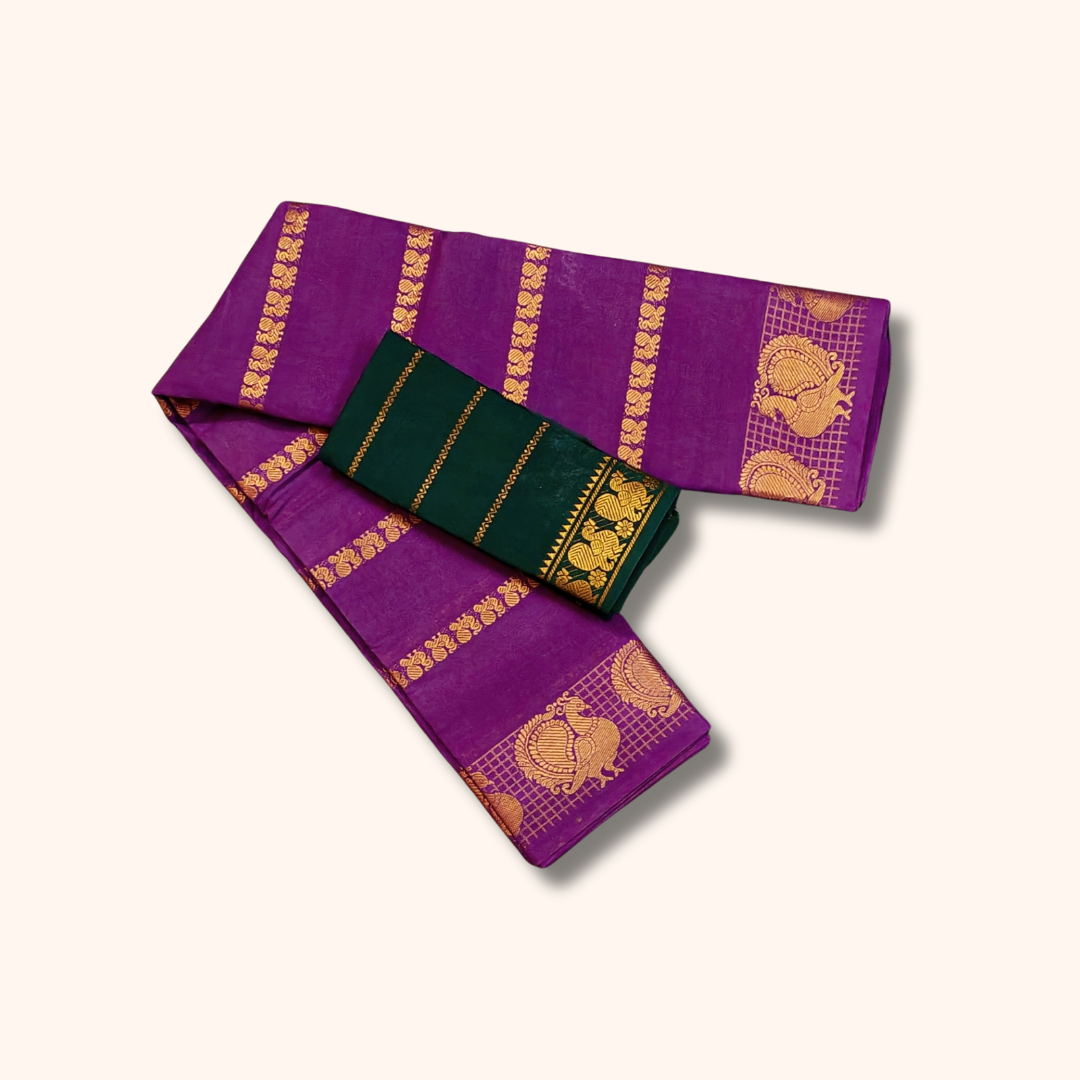 Purple Sungudi Cotton Saree with Peacock Zari Border