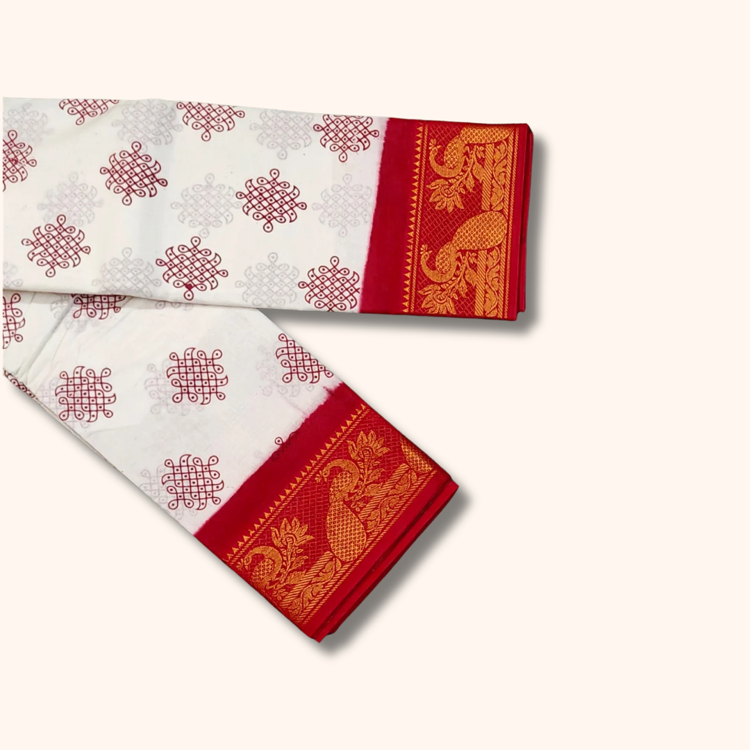Off White Sungudi Cotton Saree with Red Temple Border