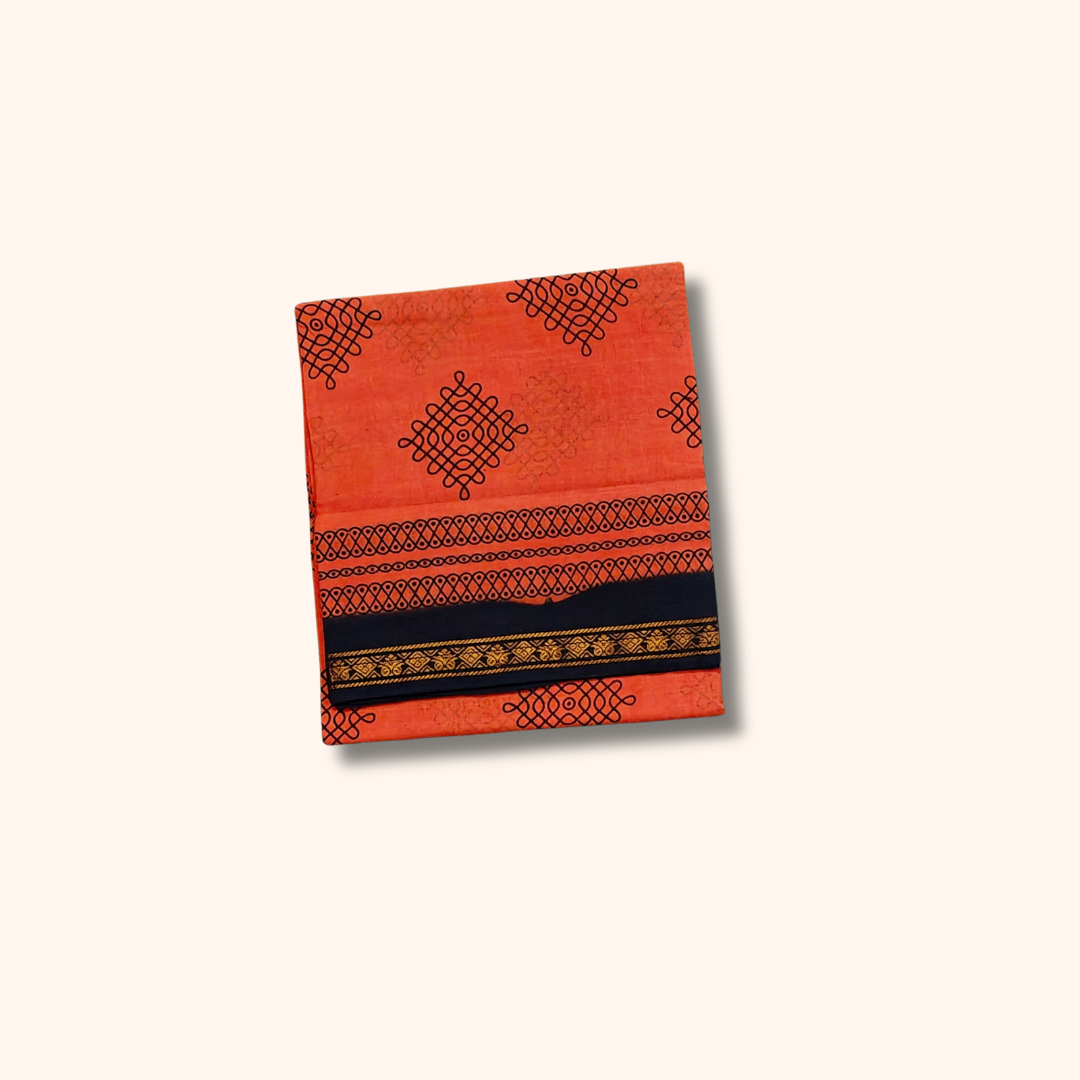 Tomato Red Kolam Design Sungudi Saree with Black Border – No Blouse