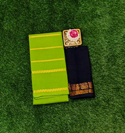 Parrot Green Sungudi Cotton Saree with Zari Lines & Navy Blue Contrast Blouse Piece