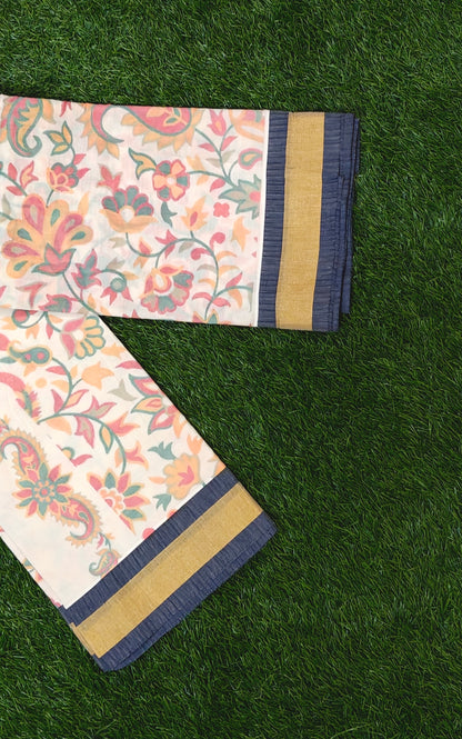 Cream Cotton Floral Printed Saree with Navy Blue & Gold Border