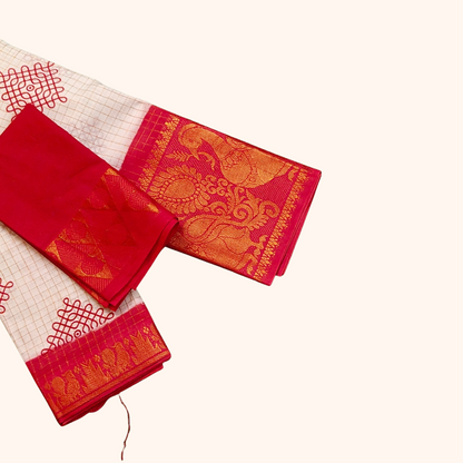 White Checked Kolam Design Sungudi Saree with Pink Border – Separate Blouse