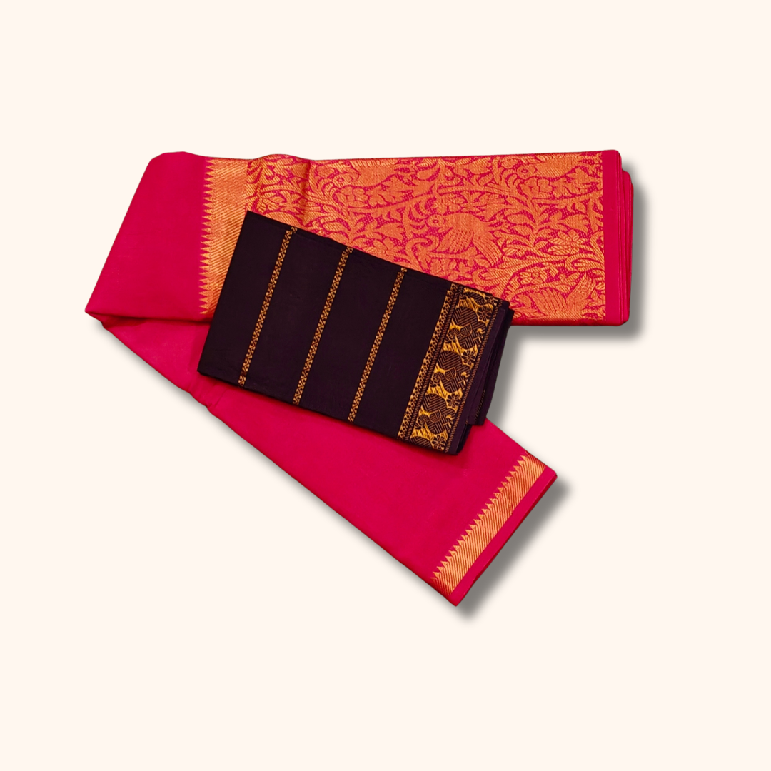 Red Vasigara Pattern Sungudi Cotton Saree with Coffee Brown Blouse Piece