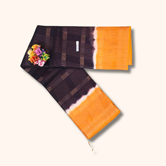 Coffee Brown Thread Work Sungudi Saree with Orange Border & Running Blouse
