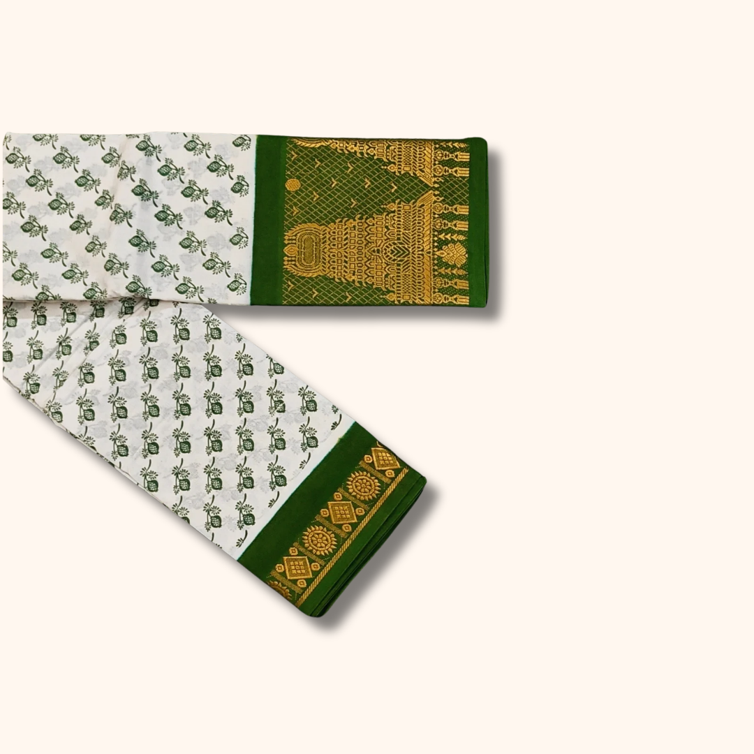 White Cotton Saree with Bottle Green Rich Temple Pallu