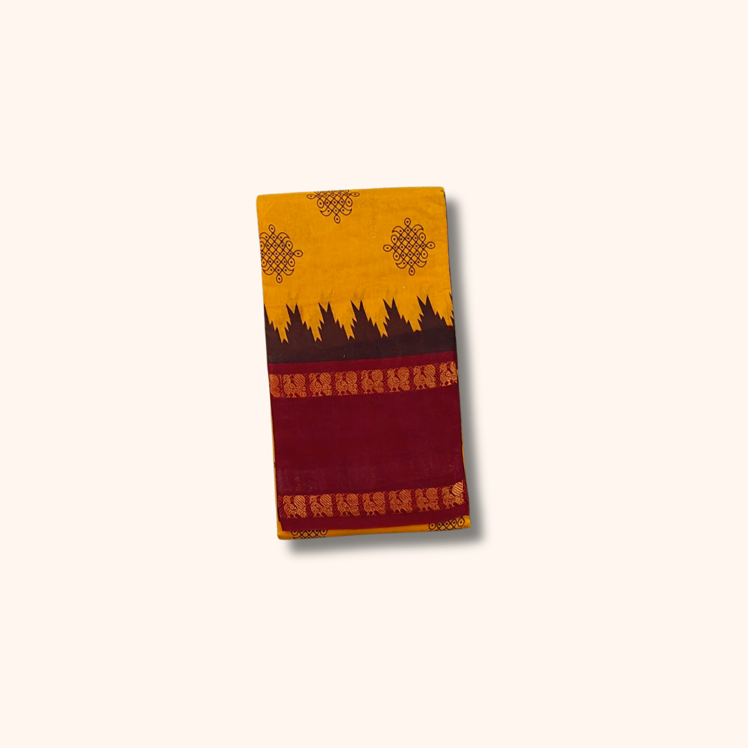 Mustard Yellow Sungudi Cotton Saree with Maroon Peacock Border – Running Blouse