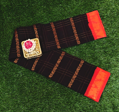 Black & Red Traditional Check Motif Cotton Saree