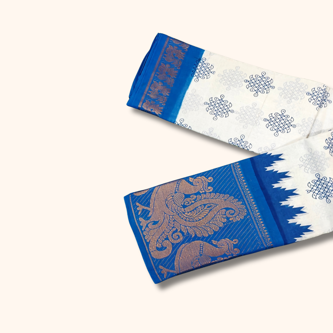 Cream Sungudi Cotton Saree with Royal Blue Contrast Peacock Zari Border