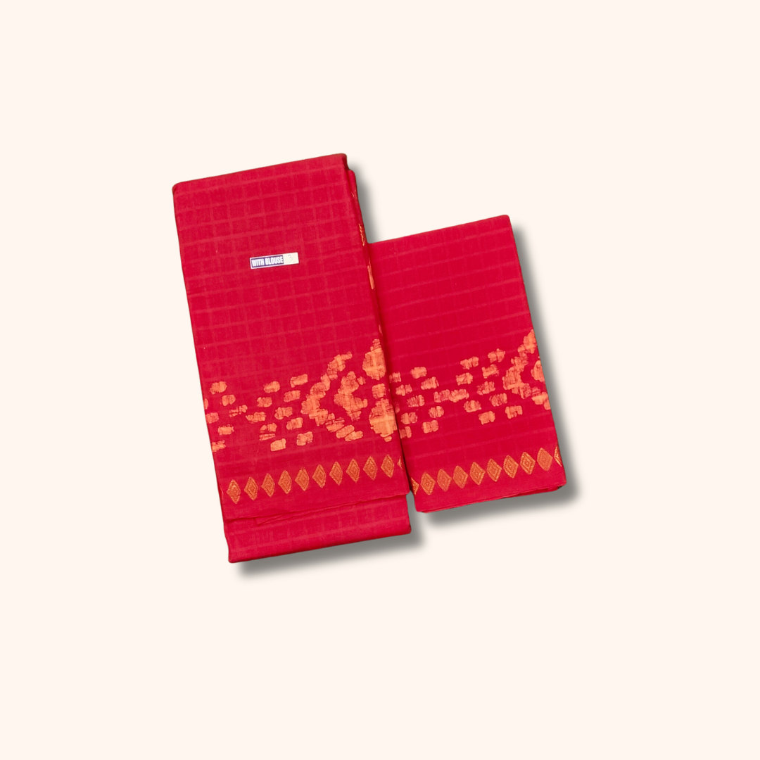 Ruby Red Sungudi Cotton Saree with Traditional Batik Border & Matching Blouse Piece