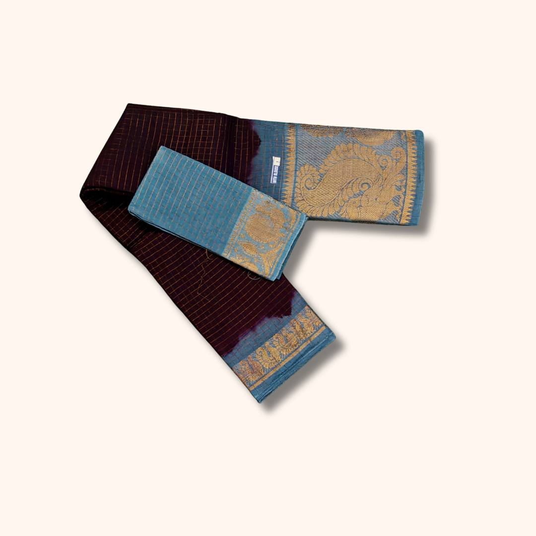 Dark Brown & Sky Blue Sungudi Cotton Saree with Peacock Pallu – Separate Blouse Piece