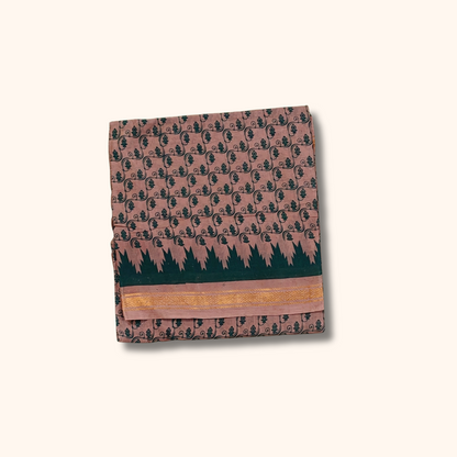 Dusty Pink Sungudi Cotton Saree with Floral Motifs & Dark Green Traditional Border