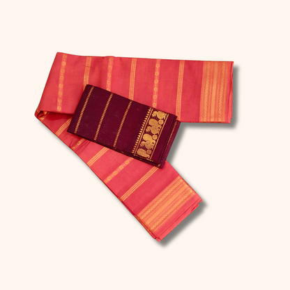 Tomato Red Sungudi Cotton Saree with Maroon Peacock Border Blouse