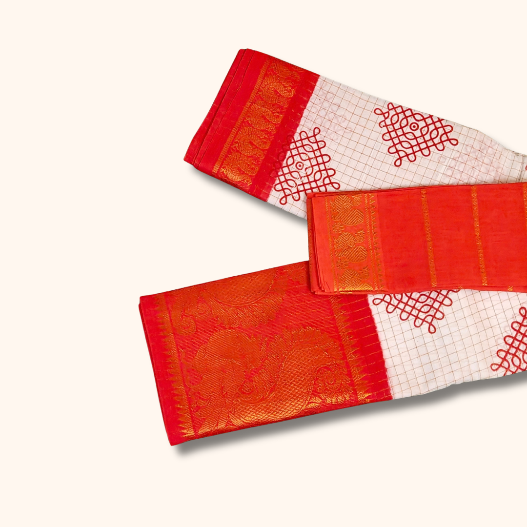 White Kolam Design Saree with Orange Border & Separate Blouse Piece