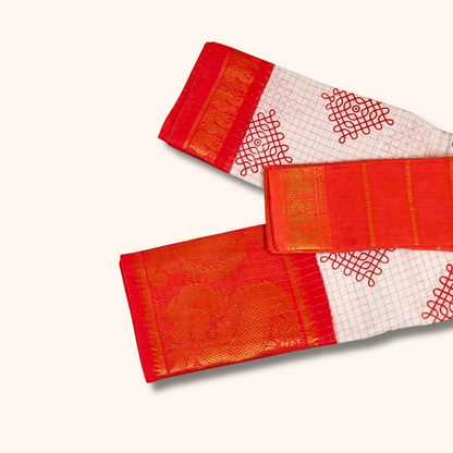 White Kolam Design Saree with Orange Border & Separate Blouse Piece