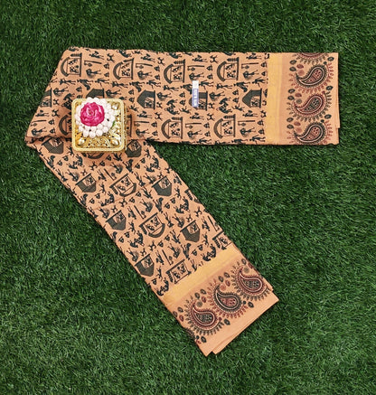 Earthy Brown Kalamkari Cotton Saree with Tribal Motifs