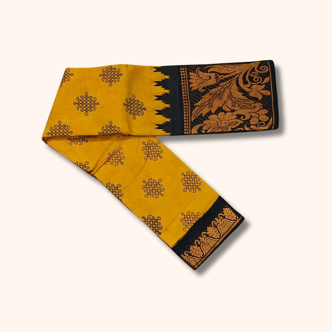 Mustard Yellow Kolam Print Cotton Saree with Black Floral Border