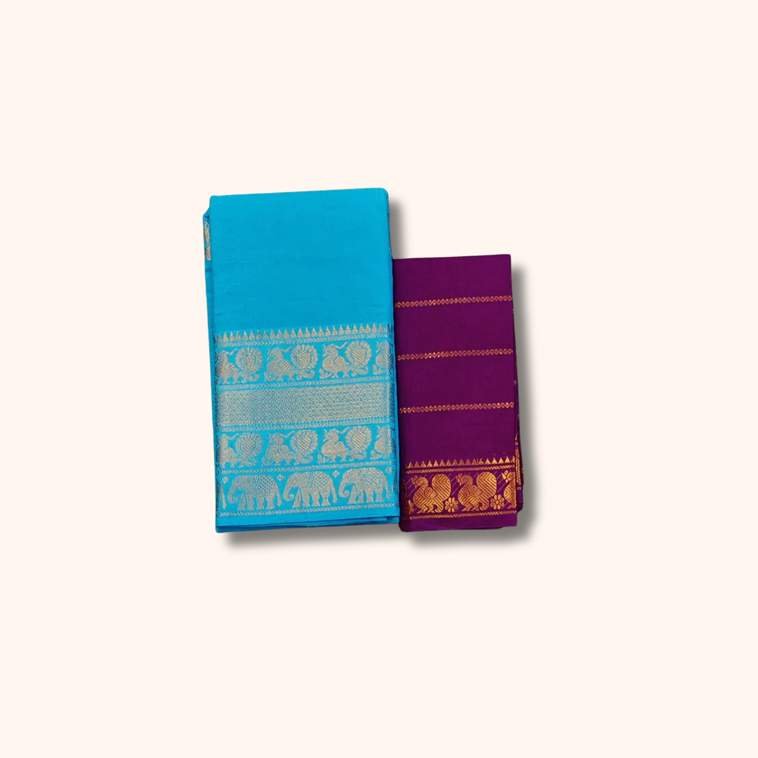 Turquoise Blue Pure Cotton Saree with Purple Contrast Blouse