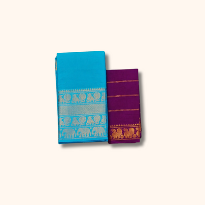 Turquoise Blue Pure Cotton Saree with Purple Contrast Blouse
