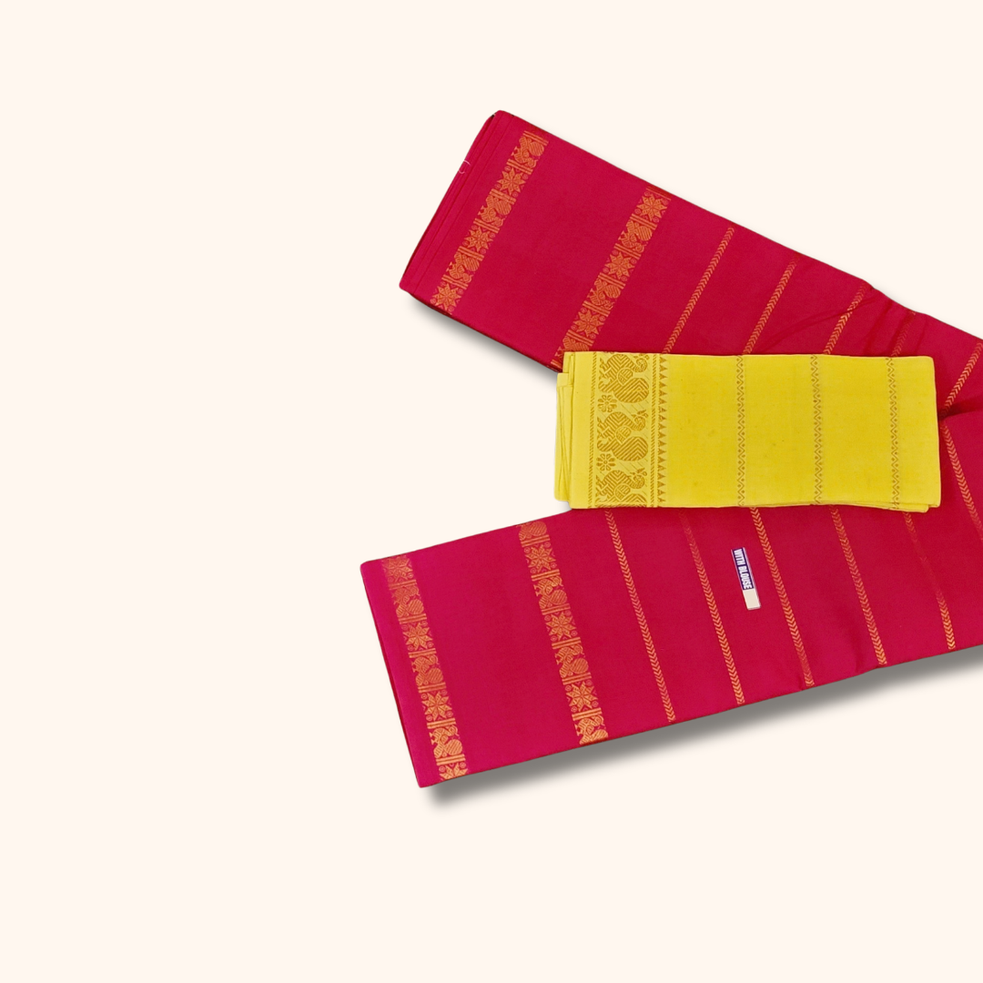 Magenta Pink Cotton Saree with Golden Stripes & Traditional Border – Yellow Blouse Piece